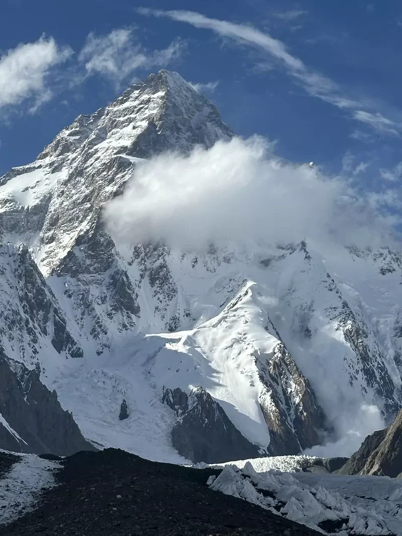 k2-mountain-pakistan Majestic view of K2, the second-highest mountain in the world, with snow-covered slopes under a clear blue sky
