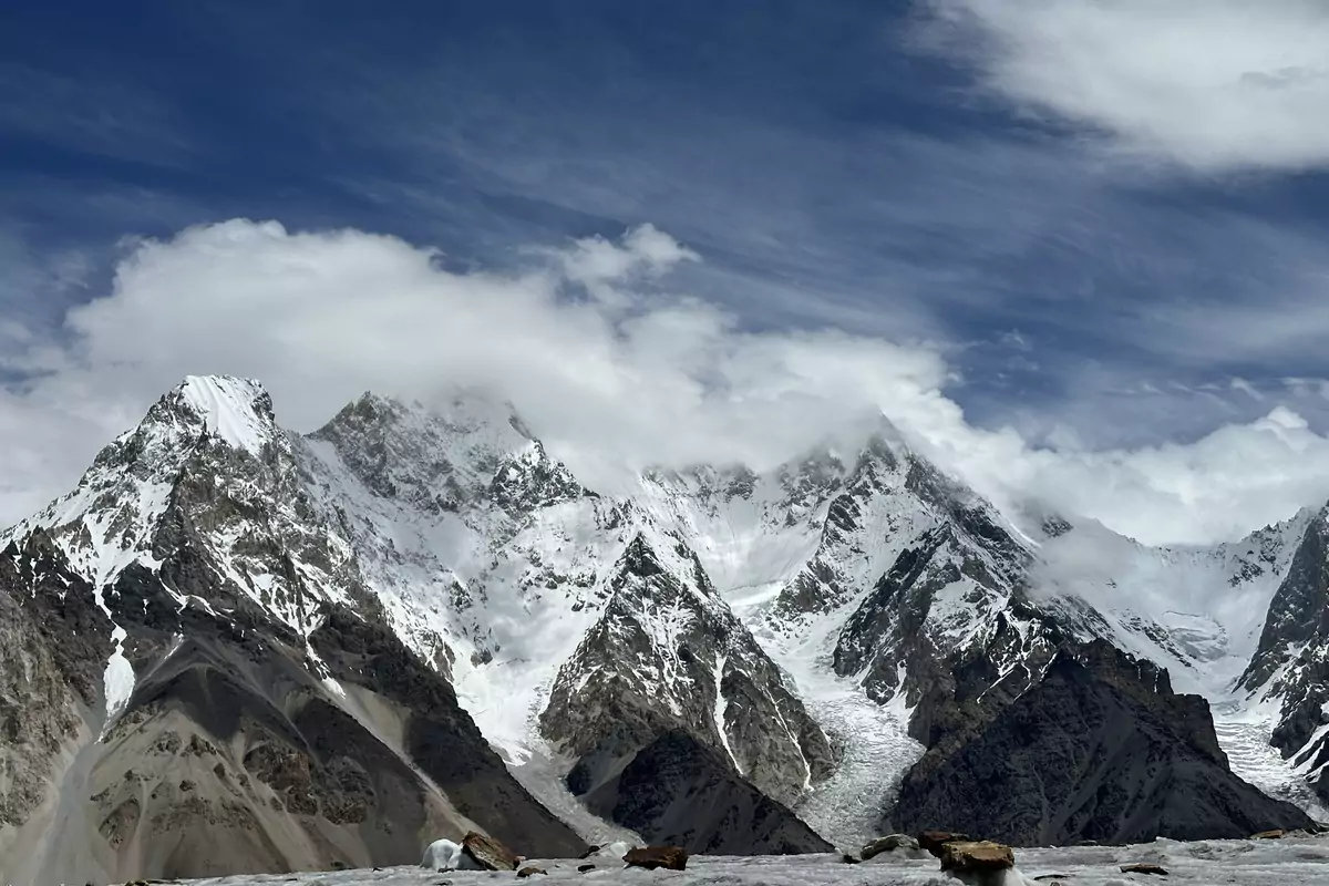 k2-base-camp-view-rocky-terrain-glacier iew of K2 from the K2 Base Camp, featuring rugged rocky terrain in the foreground and remnants of glacier ice under a blue sky.