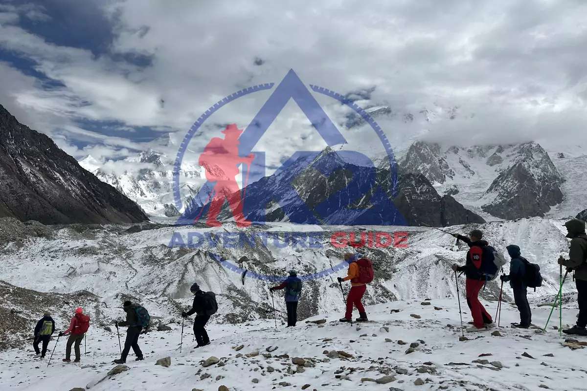 K2 Base Camp trek pakistan Adventurers hiking along the rugged K2 and Gondogoro La trail surrounded by dramatic mountain landscapes